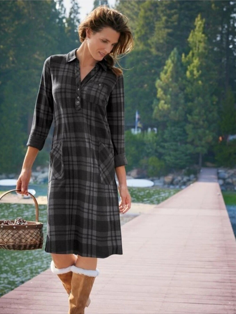 Soft Surroundings Paramount Plaid Soft Fleece Shirt Dress Women L Black/Gray